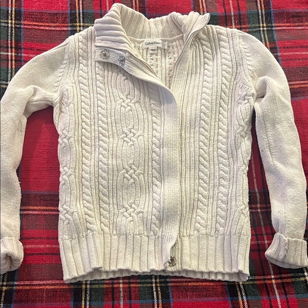 Calvin Klein Cream Cardigan with Cable Knit Design